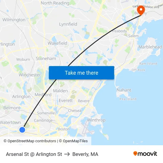 Arsenal St @ Arlington St to Beverly, MA map