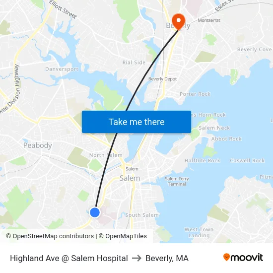Highland Ave @ Salem Hospital to Beverly, MA map