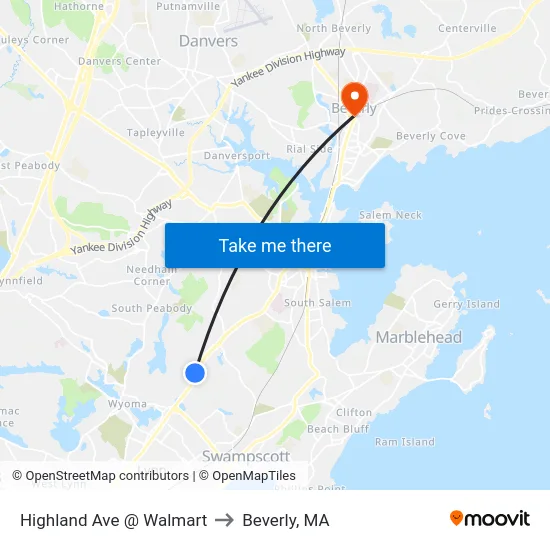Highland Ave @ Walmart to Beverly, MA map