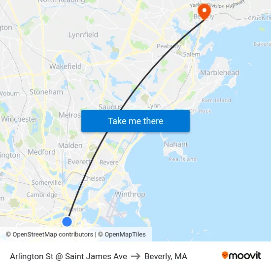 Arlington St @ Saint James Ave to Beverly, MA map