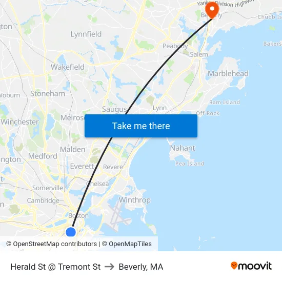 Herald St @ Tremont St to Beverly, MA map