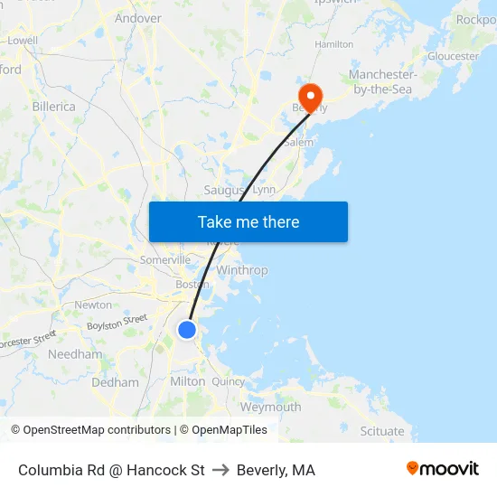 Columbia Rd @ Hancock St to Beverly, MA map