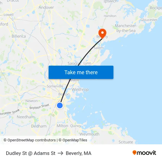 Dudley St @ Adams St to Beverly, MA map