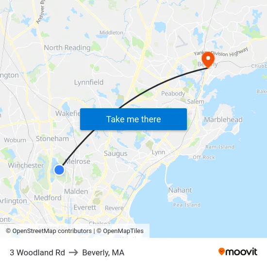 3 Woodland Rd to Beverly, MA map