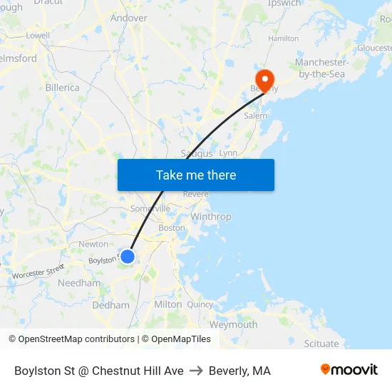 Boylston St @ Chestnut Hill Ave to Beverly, MA map