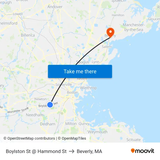 Boylston St @ Hammond St to Beverly, MA map