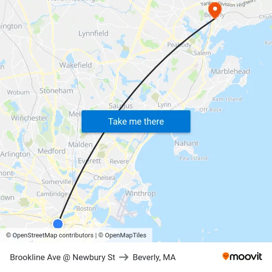 Brookline Ave @ Newbury St to Beverly, MA map