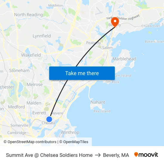 Summit Ave @ Chelsea Soldiers Home to Beverly, MA map