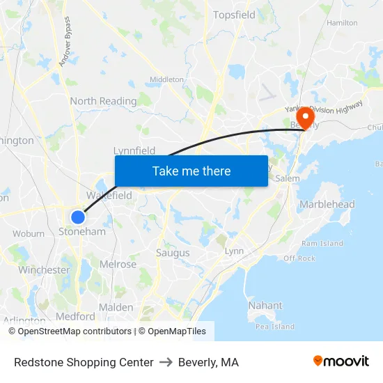 Redstone Shopping Center to Beverly, MA map