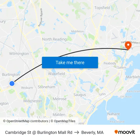 Cambridge St @ Burlington Mall Rd to Beverly, MA map