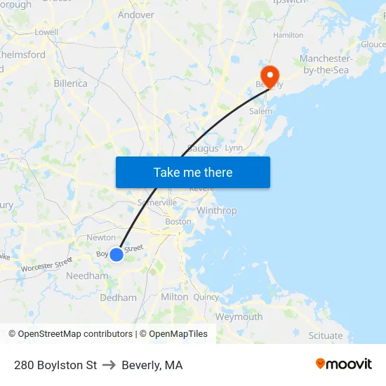 280 Boylston St to Beverly, MA map