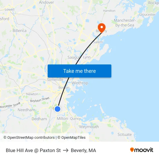 Blue Hill Ave @ Paxton St to Beverly, MA map
