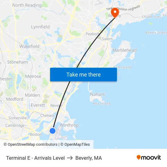 Terminal E - Arrivals Level to Beverly, MA map