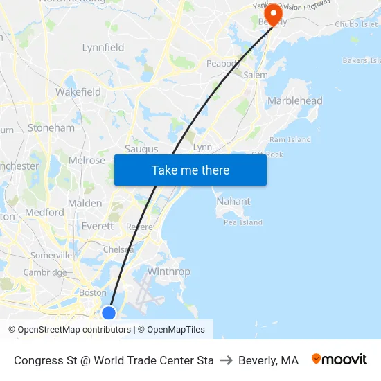Congress St @ World Trade Center Sta to Beverly, MA map