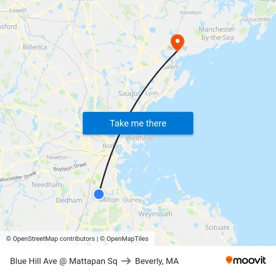 Blue Hill Ave @ Mattapan Sq to Beverly, MA map