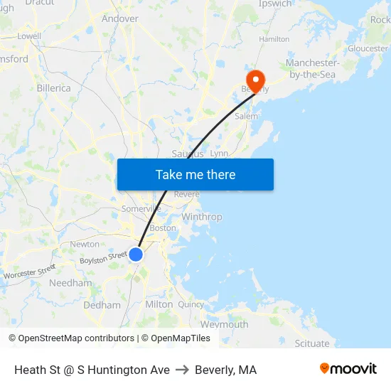 Heath St @ S Huntington Ave to Beverly, MA map