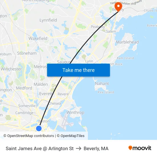 Saint James Ave @ Arlington St to Beverly, MA map