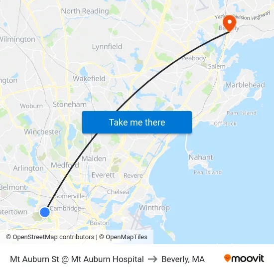 Mt Auburn St @ Mt Auburn Hospital to Beverly, MA map