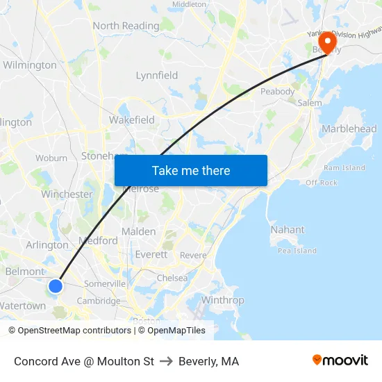 Concord Ave @ Moulton St to Beverly, MA map