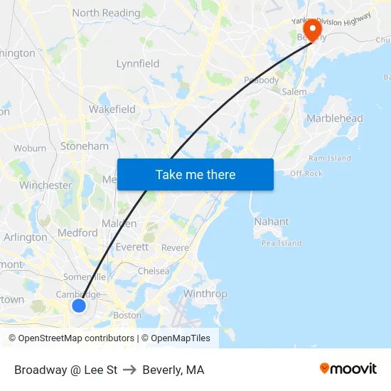 Broadway @ Lee St to Beverly, MA map