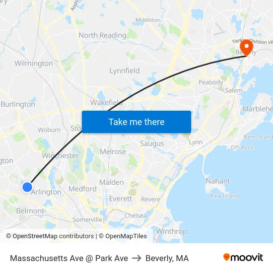 Massachusetts Ave @ Park Ave to Beverly, MA map