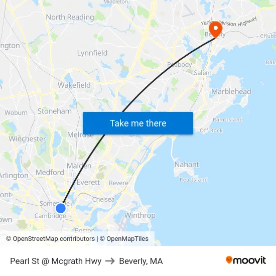 Pearl St @ Mcgrath Hwy to Beverly, MA map