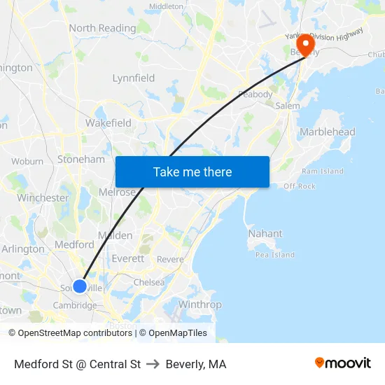 Medford St @ Central St to Beverly, MA map
