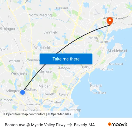Boston Ave @ Mystic Valley Pkwy to Beverly, MA map