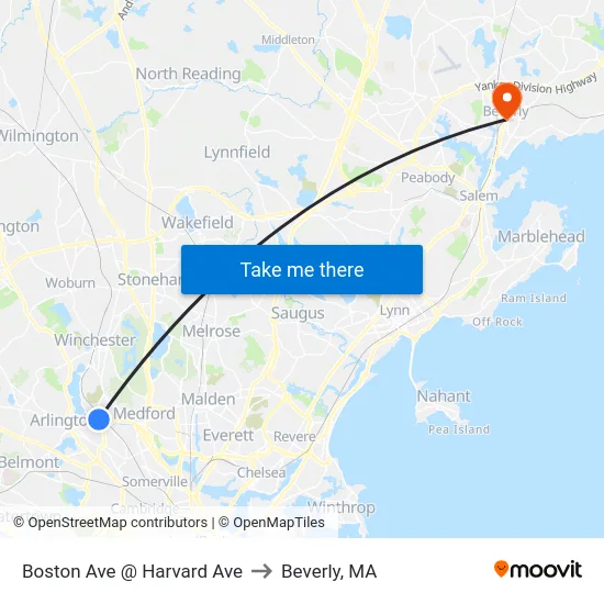 Boston Ave @ Harvard Ave to Beverly, MA map