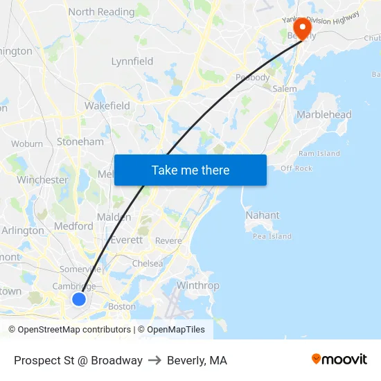 Prospect St @ Broadway to Beverly, MA map