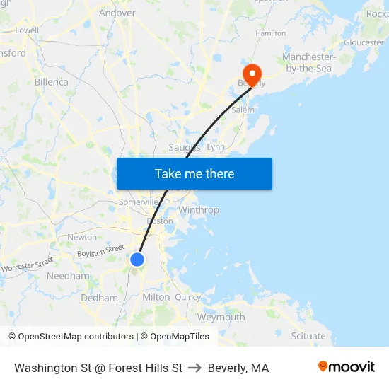 Washington St @ Forest Hills St to Beverly, MA map