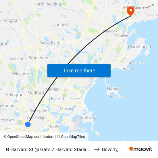 N Harvard St @ Gate 2 Harvard Stadium to Beverly, MA map