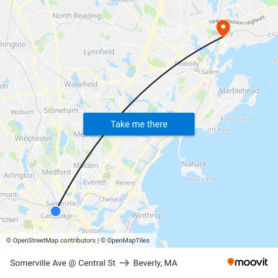 Somerville Ave @ Central St to Beverly, MA map