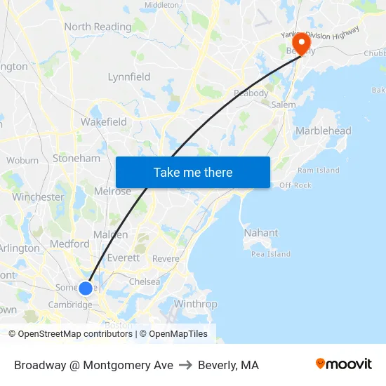 Broadway @ Montgomery Ave to Beverly, MA map