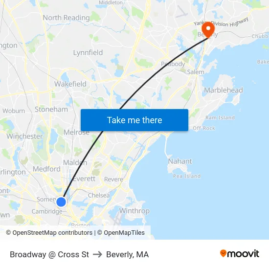Broadway @ Cross St to Beverly, MA map
