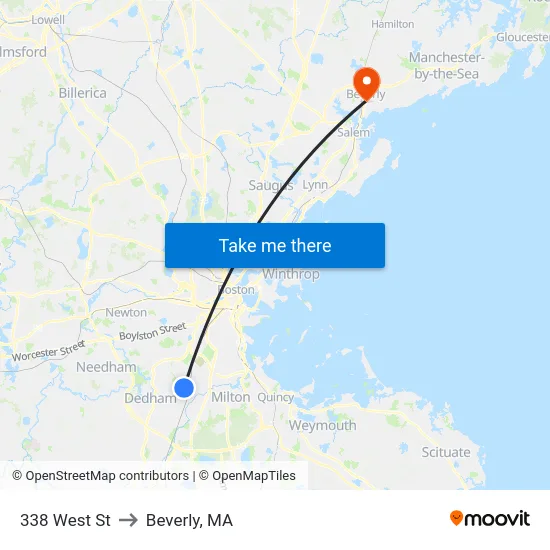338 West St to Beverly, MA map