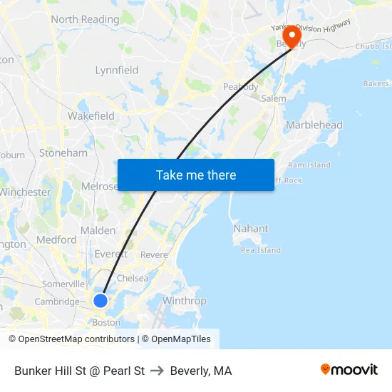 Bunker Hill St @ Pearl St to Beverly, MA map