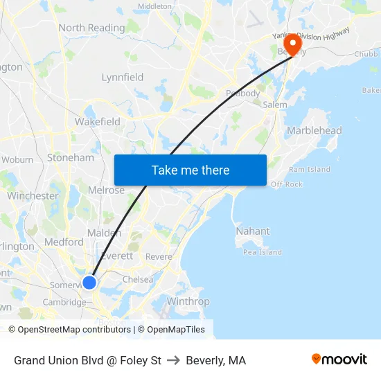 Grand Union Blvd @ Foley St to Beverly, MA map