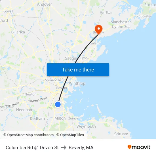 Columbia Rd @ Devon St to Beverly, MA map