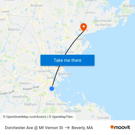 Dorchester Ave @ Mt Vernon St to Beverly, MA map