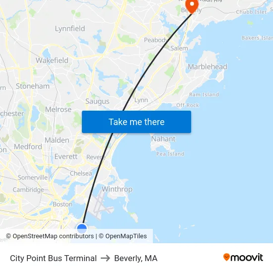 City Point Bus Terminal to Beverly, MA map