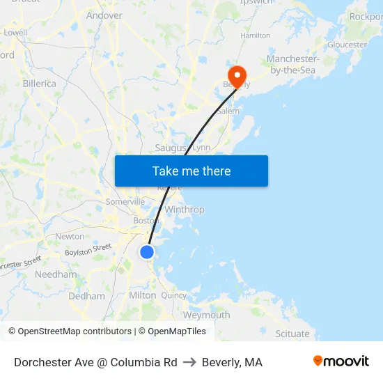 Dorchester Ave @ Columbia Rd to Beverly, MA map