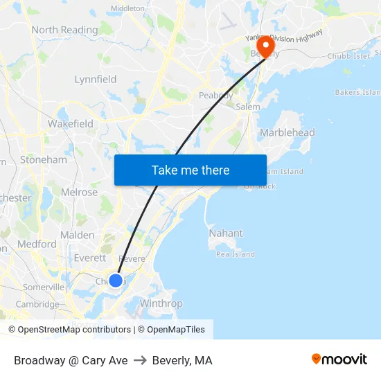 Broadway @ Cary Ave to Beverly, MA map