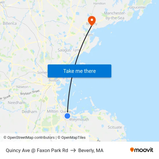 Quincy Ave @ Faxon Park Rd to Beverly, MA map