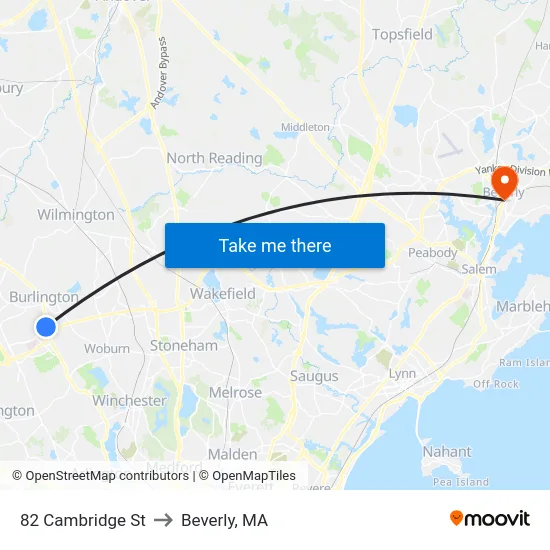 82 Cambridge St to Beverly, MA map