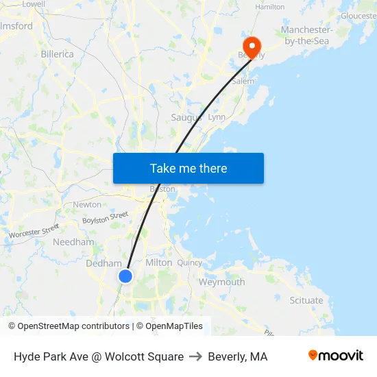 Hyde Park Ave @ Wolcott Square to Beverly, MA map