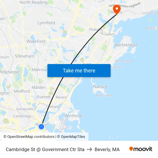 Cambridge St @ Government Ctr Sta to Beverly, MA map