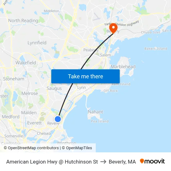 American Legion Hwy @ Hutchinson St to Beverly, MA map