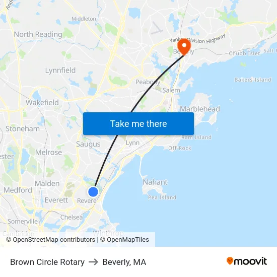 Brown Circle Rotary to Beverly, MA map