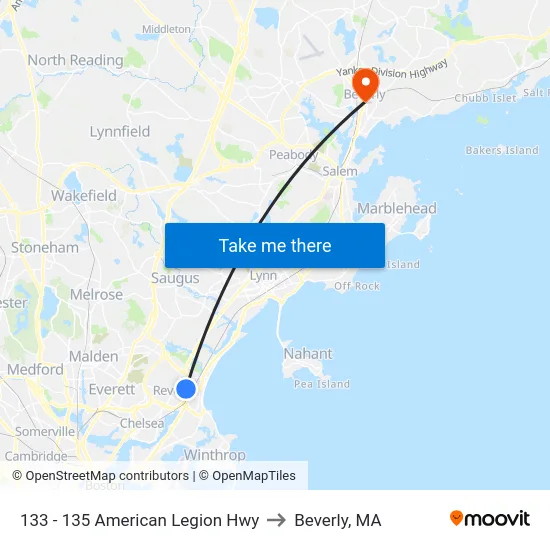 133 - 135 American Legion Hwy to Beverly, MA map